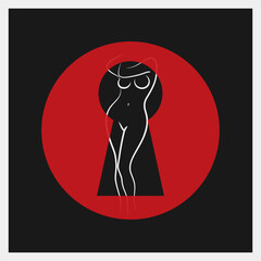 Beautiful naked girl. Naked pinup woman in keyhole. Peeped through the keyhole. Erotic vector Illustration