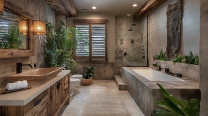 Rustic-modern bathroom with wooden elements and indoor plants creating a relaxing atmosphere