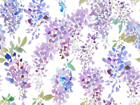 A seamless pattern of abstract wisteria flowers painted in watercolor with transparent background. Hand-drawn wisteria flower wallpaper.