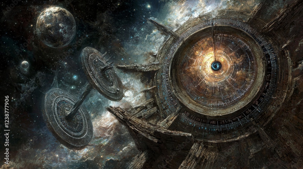 Poster surreal interpretation of pulsating data metrics in a cosmic landscape