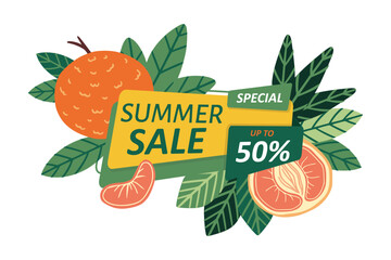 Summer sale. Fruit citrus orange, green leaves. Tropical discount, special offer. Emblem, price tag or banner design. Botanical marketing. Vector cartoon flat isolated promotional illustration