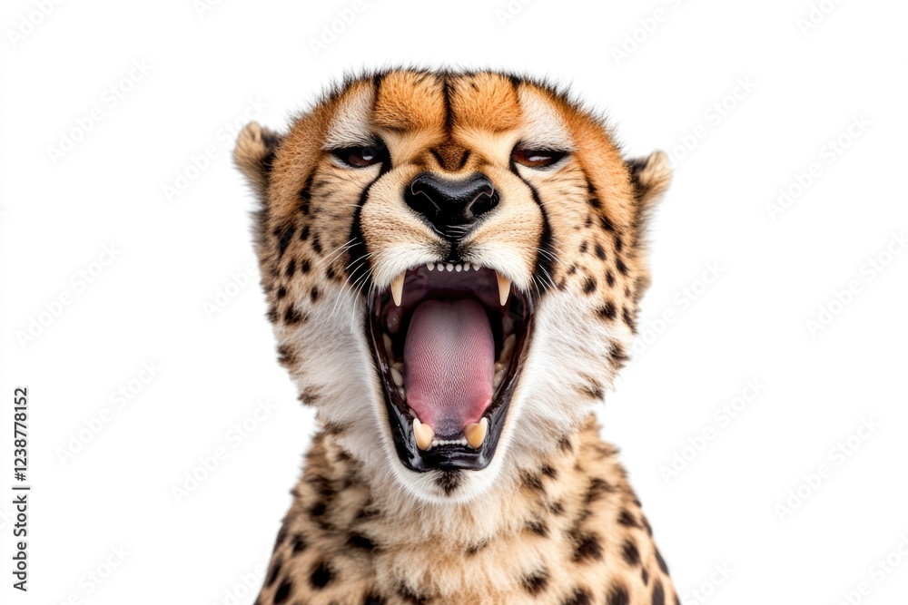 Poster a cheetah's face with its mouth open, revealing its sharp teeth, suitable for use in wildlife or nat