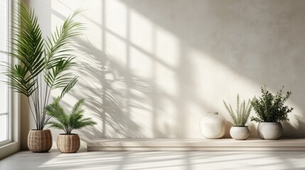 Sunlit minimalist room with indoor plants in stylish pots