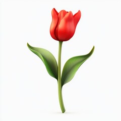 Red tulip with a long green stem and fresh leaves, isolated on white background