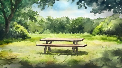 Obraz premium Wooden Picnic Table in a Verdant Summer Park Setting