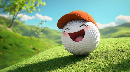 Playful Animated Golf Ball Character Giggling and Rolling Down a Grassy Hill