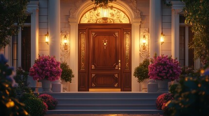 A Captivating Wooden Door Illuminated by Soft Ambient Light Creating an Inviting and Warm Atmosphere Perfect for Entryways and Home Interiors Exuding Charm and Timeless Elegance