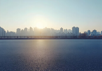 Sunrise Cityscape: Asphalt Road and Urban Skyline at Dawn