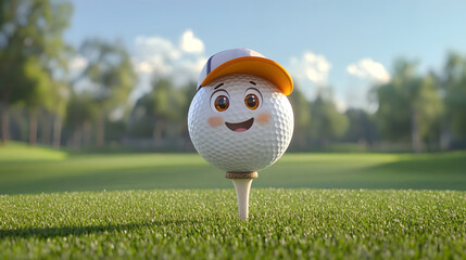 Cute Animated Golf Ball Character Balancing on Tee with Cap