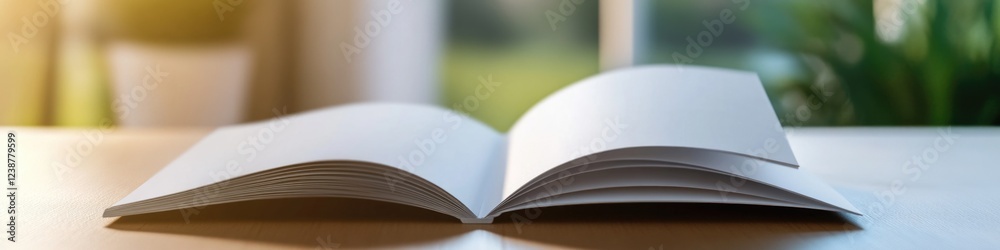 Poster an open book sits on top of a wooden table, ready for reading