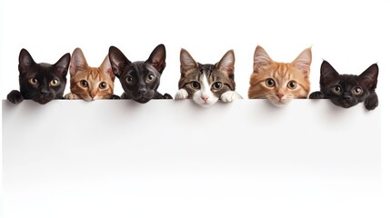 Fototapeta premium cats peek out from behind a white banner