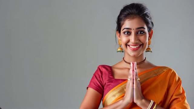 Happy woman in saree doing namaste in indian style for giving respect