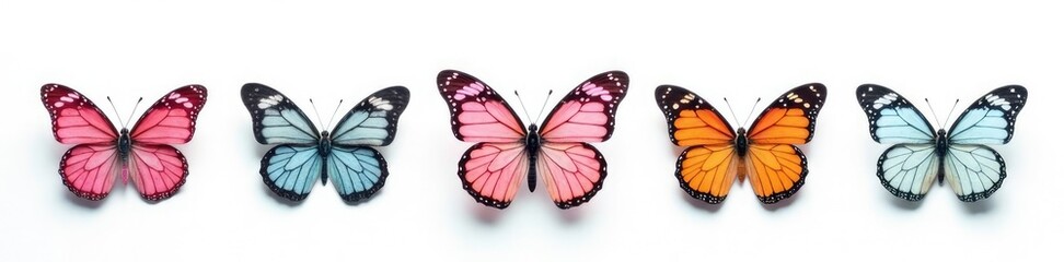 Monochromatic butterflies on a stark white ground, colorful butterflies monochrome white background, white