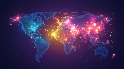 A vibrant, digital world map illuminated with colorful nodes and connections, symbolizing global communication and technology.
