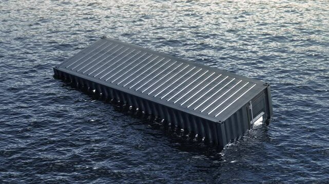 Metal cargo container floating in water, looped switch, 4k