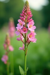Fototapeta premium Pastel pink flowers in clusters on a tall stem, kidney vetch, delicate blooms, greenery