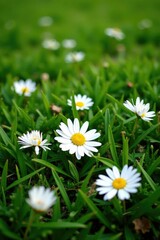 Petals of white Gatssaniye flowers scattered on green lawn, grass, flowers, pyrethrum