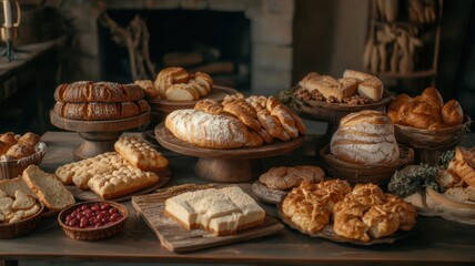 Variety of freshly baked bread and pastries displayed on rustic wooden tables in cozy bakery environment