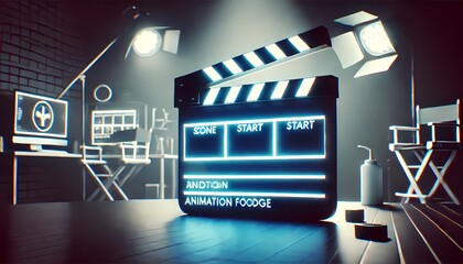 glowing clapperboard in a dark studio, symbolizing the start of animation footage. Generative AI