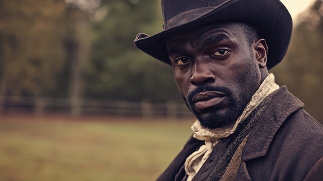 Portrait of a strong African American man in 18th-century attire with an intense gaze, symbolizing resilience, heritage, and dignity. Perfect for historical documentaries and storytelling themes.