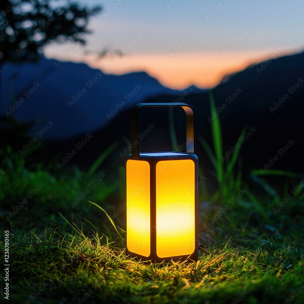 Poster a glowing lantern sits on grass, illuminating the surroundings against a backdrop of mountains durin