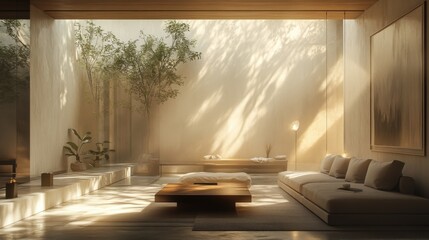 Sunlit minimalist living room with natural elements and modern furniture