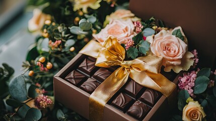 A box of artisan chocolates tied with a golden ribbon, styled with fresh flowers. pic