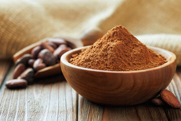 cocoa powder in bowl and cocoa beans in scoop on table