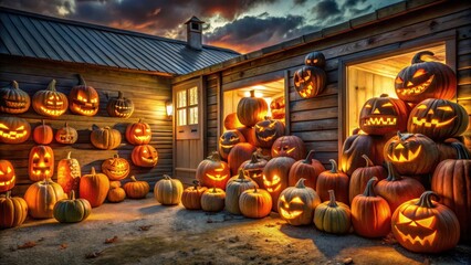 Obraz premium A collection of carved pumpkins lit from within to form a spooky and mystical scene on a garage wall, emitting an otherworldly glow in the darkness , darknight, ghostly effects