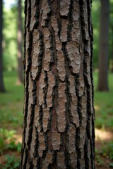 Rough textured pine tree bark on wooden background, forest landscape, bark, wooden texture