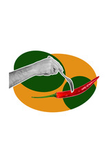 Creative artwork template sketch image 3D collage of hand hold fork touch hot red pepper cook gourmet delicious chef nutrition ingredient
