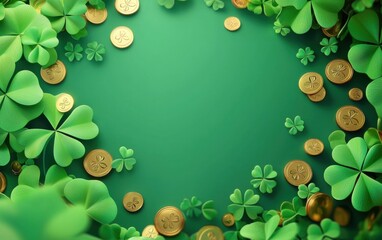 Naklejka premium Saint Patrick Day background with a shimmering green clover field, golden coins, and a stylish empty space for text