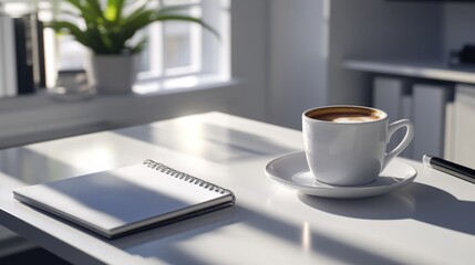 A cup of coffee and a notebook sit on a table, perfect for writing or studying