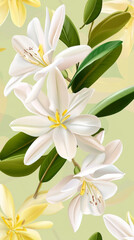 Obraz premium White lilies with green leaves on light background