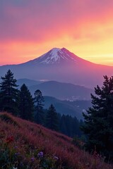 Fototapeta premium Soft orange hues fade into purple as Mount Tamalpais meets the sky, Trees, Mount Tamalpais, Hill