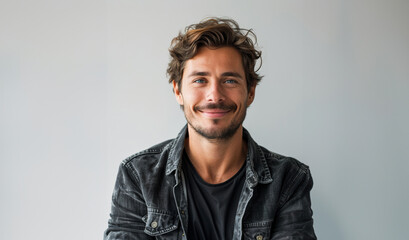 Caucasian adult man in his 20s to 40s in simple, professional clothing stand confidently against a white gray backdrop, radiating a relaxed and approachable vibe