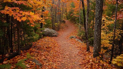 Obraz premium A serene autumn scene featuring a winding trail through a forest blanketed in vibrant orange, red, and yellow leaves. Tall trees with strong trunks frame the pathway, and scattered rocks and foliage a