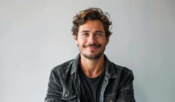 Caucasian adult man in his 20s to 40s in simple, professional clothing stand confidently against a white gray backdrop, radiating a relaxed and approachable vibe