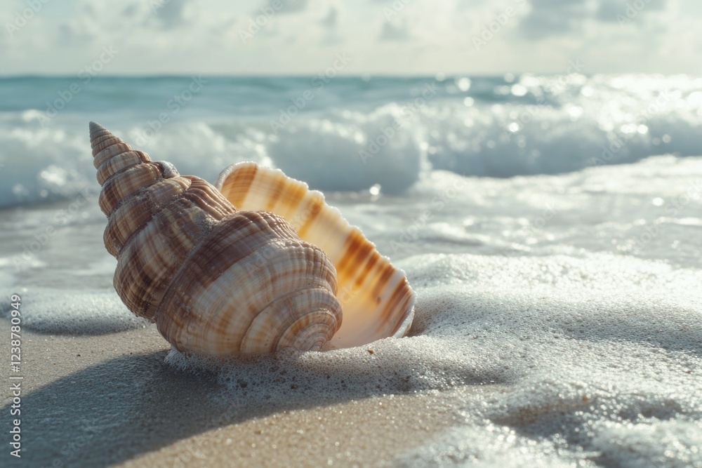 Poster a peaceful scene of a shell on the beach as waves roll in, perfect for use in travel or nature-relat