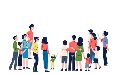 Obraz premium Crowd of people looking at something and pointing upwards. Unusual phenomenon, public interest and surprise. Isolated flat women men and kids, vector characters