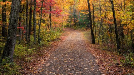 Fototapeta premium A serene pathway meanders through a vibrant autumn forest, where trees adorned with leaves in various shades of red, orange, and yellow create a picturesque scene. The ground is covered with fallen le