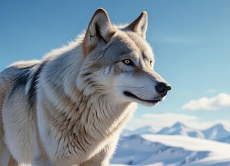 Obraz premium Stunning visual of wolf’s snow-covered coat against pristine blue sky, frostbite, national park, white wilderness