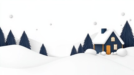 Charming Winter Scene with Snowy Forest, Cozy Cottage, and Gentle Snowflakes Falling