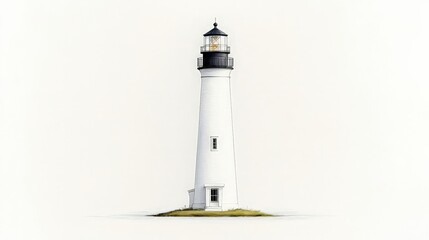White Lighthouse on Isolated Land with Clear Sky Background for Coastal Scene Photography