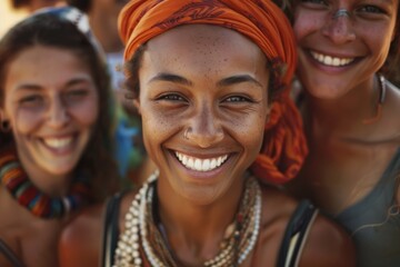 Fototapeta premium Group of diverse women shares joyful laughter, embodying unity through mutual respect, friendship. Their unique appearances reflect strength, harmony found in togetherness.