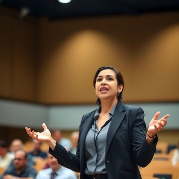 Una persona hispana est&aacute; dando un discurso apasionado en la sala de conferencias.
&Eacute;l est&aacute; de pie y dando una presentaci&oacute;n vistiendo un traje.