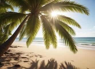 Obraz premium Sun shining through palm leaves on a sandy beach, coast, sunny day, summer