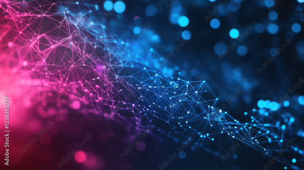 Wall mural vibrant abstract network of connected lines and dots in blue and pink hues