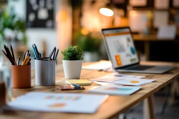 A person's workspace featuring a wooden table and a laptop computer