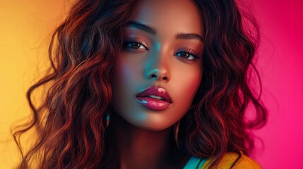 Fototapeta premium A striking woman with flowing, wavy hair stares confidently into the camera. Her radiant skin and glossy lips combine with colorful background hues creating a mesmerizing effect